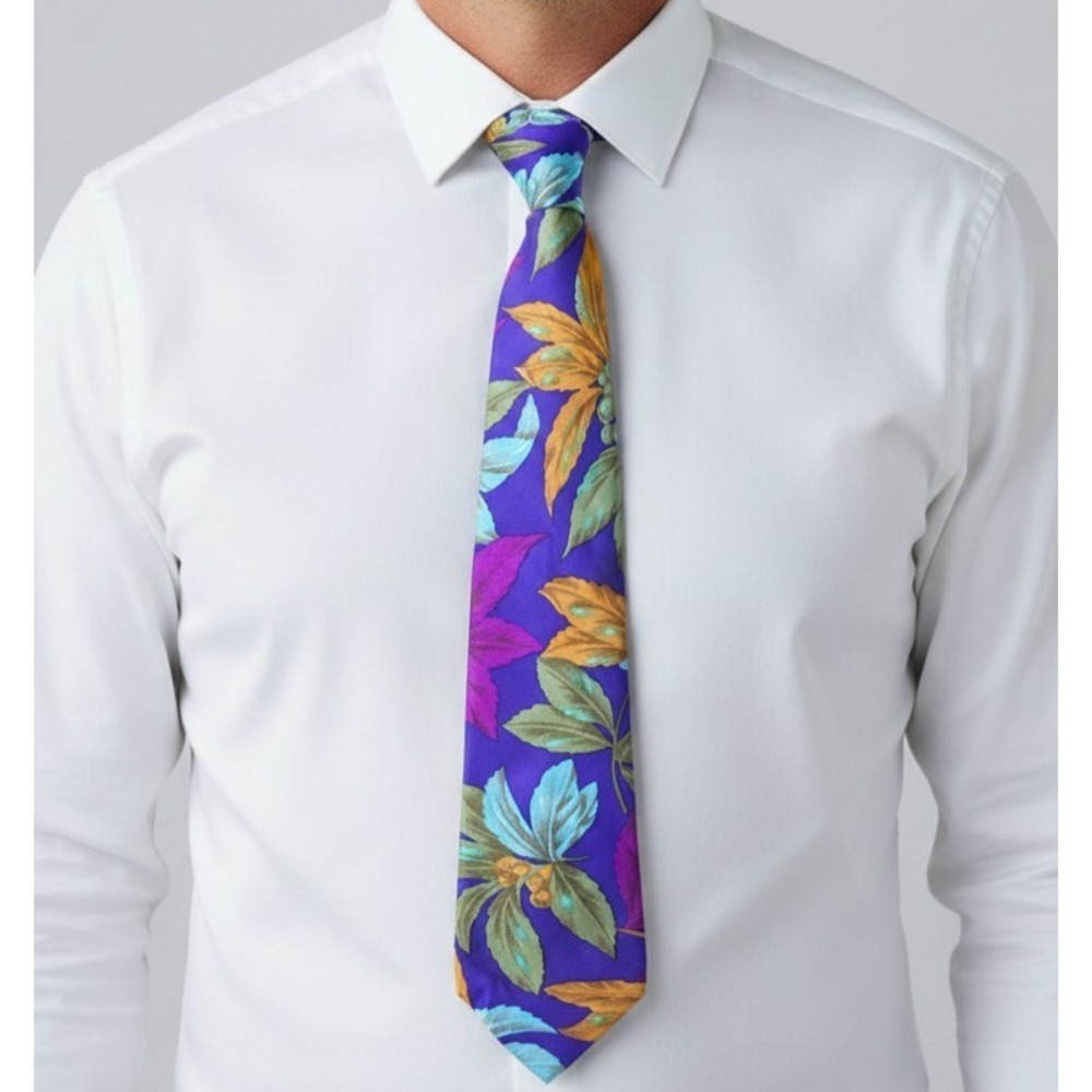 Stuart Chicago Italy Silk Tie Purple Floral Botanical Designer Necktie Handmade